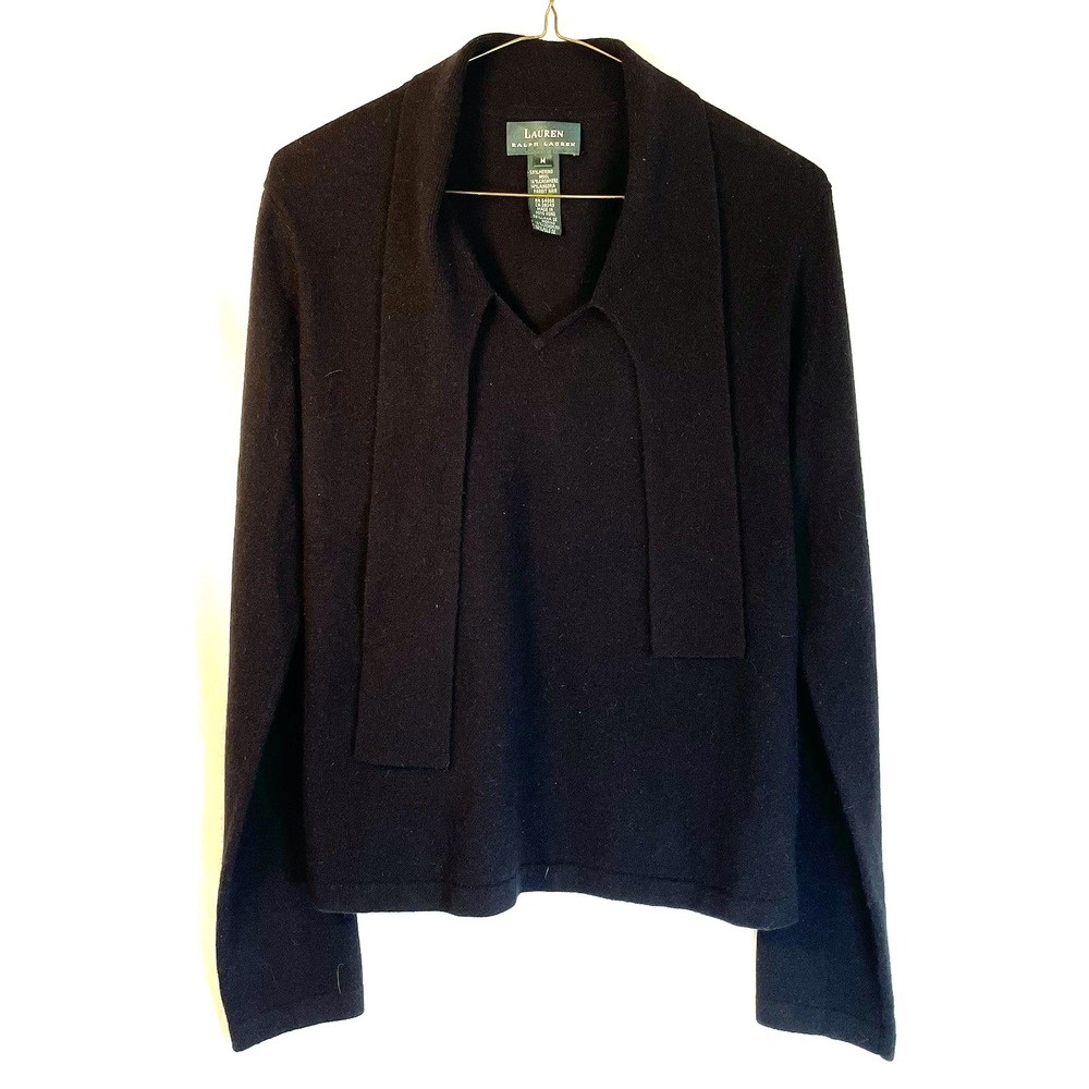 Lauren Ralph Lauren Merino Wool Rabbit Hair Cashmere Tie Neck Black Sweater Med